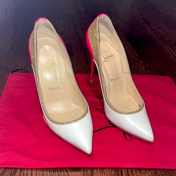 CHRISTIAN LOUBOUTIN
White/Gold/Pink Leather & Glitter Tucsick 100 Pumps - Picture 2 of 7
